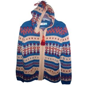 Sparrow Anthropologie Blue Fair Isle Full Zip Hooded Cardigan Sweater XL Boho